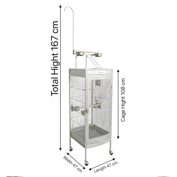 White Medium Wrought Iron Playtop Bird Cage with Rolling Stand & Open-Top Perch (47 × 47 × 167 cm), Easy-Clean Tray, Stainless Steel Cups for Small to Medium Birds – BC09
