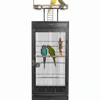 Black Medium Wrought Iron Playtop Bird Cage with Rolling Stand & Open-Top Perch (47 × 47 × 167 cm), Easy-Clean Tray, Stainless Steel Cups for Small to Medium Birds – BC09
