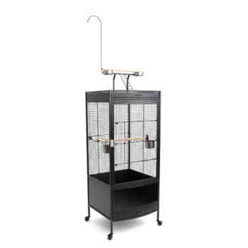 Large Black Wrought Iron Bird Cage with Play Top & Rolling Stand (60 × 64 × 178 cm), Metal Aviary with Pyramid Top, Ladder, Perches, Feeding Bowls & Easy-Clean Tray for Medium to Large Birds – BC12
