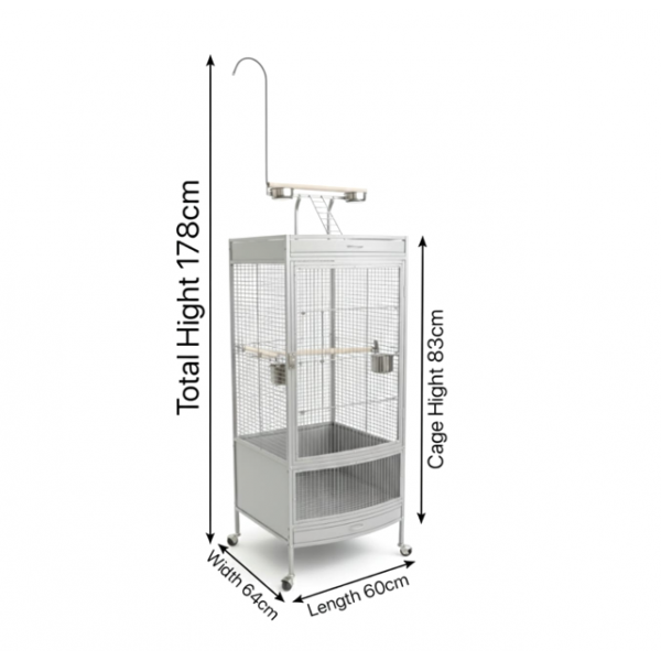Large White Wrought Iron Bird Cage with Play Top & Rolling Stand (60 × 64 × 178 cm), Metal Aviary with Pyramid Top, Ladder, Perches, Feeding Bowls & Easy-Clean Tray for Medium to Large Birds – BC12