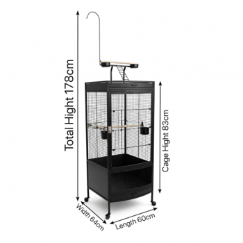 Large Black Wrought Iron Bird Cage with Play Top & Rolling Stand (60 × 64 × 178 cm), Metal Aviary with Pyramid Top, Ladder, Perches, Feeding Bowls & Easy-Clean Tray for Medium to Large Birds – BC12