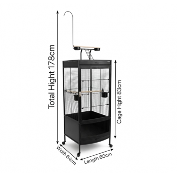 Large Black Wrought Iron Bird Cage with Play Top & Rolling Stand (60 × 64 × 178 cm), Metal Aviary with Pyramid Top, Ladder, Perches, Feeding Bowls & Easy-Clean Tray for Medium to Large Birds – BC12