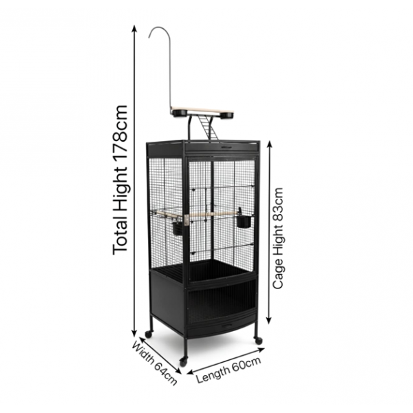 Large Black Wrought Iron Bird Cage with Play Top & Rolling Stand (60 × 64 × 178 cm), Metal Aviary with Pyramid Top, Ladder, Perches, Feeding Bowls & Easy-Clean Tray for Medium to Large Birds – BC12