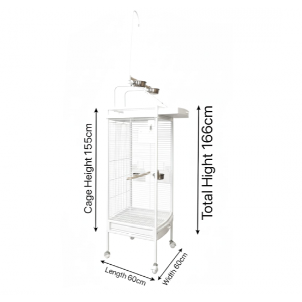 Large White Acrylic Front Bird Cage with Play Top & Rolling Stand (60 × 63.5 × 155 cm), Wrought Iron Aviary with Stainless Steel Feeders for Small to Medium Birds – BC12-1