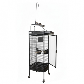 Large Black Acrylic Front Bird Cage with Play Top & Rolling Stand (60 × 63.5 × 155 cm), Wrought Iron Aviary with Stainless Steel Feeders for Small to Medium Birds – BC12-1
