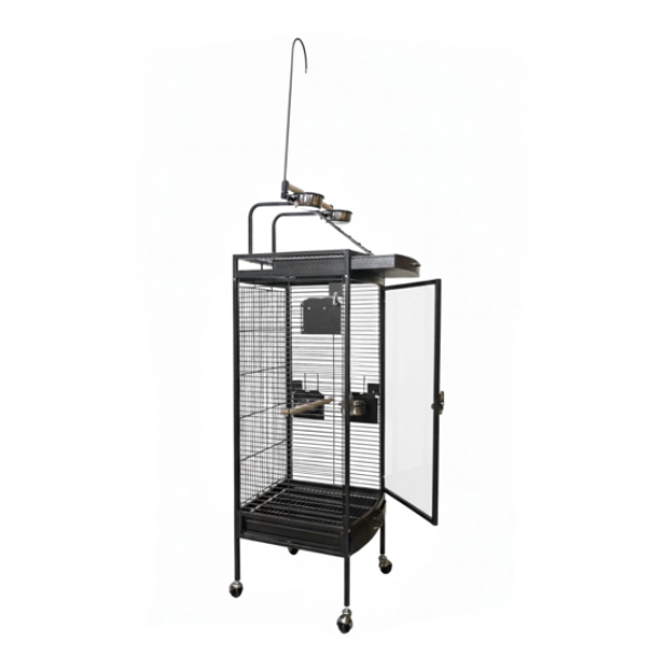 Large Black Acrylic Front Bird Cage with Play Top & Rolling Stand (60 × 63.5 × 155 cm), Wrought Iron Aviary with Stainless Steel Feeders for Small to Medium Birds – BC12-1