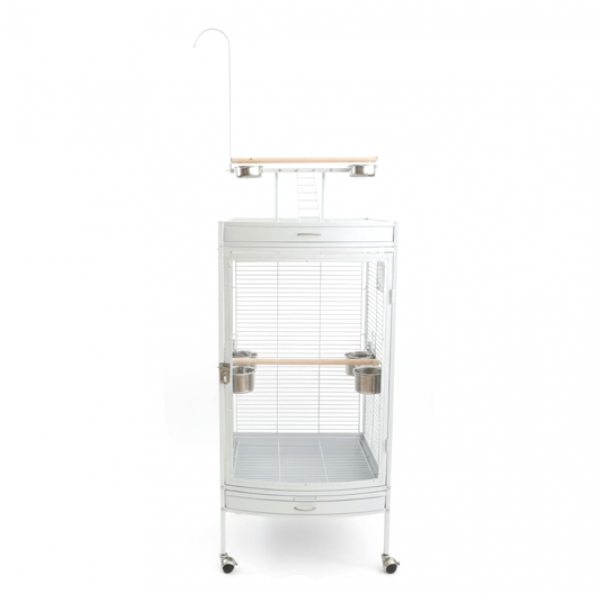 Large White Acrylic Front Bird Cage with Play Top & Rolling Stand (60 × 63.5 × 155 cm), Wrought Iron Aviary with Stainless Steel Feeders for Small to Medium Birds – BC12-1