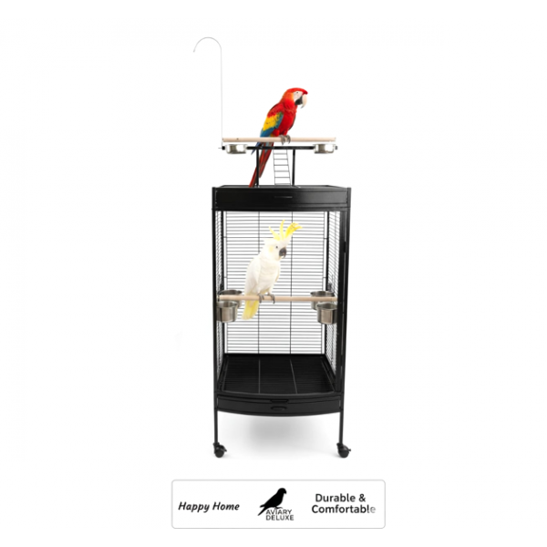 Large Black Acrylic Front Bird Cage with Play Top & Rolling Stand (60 × 63.5 × 155 cm), Wrought Iron Aviary with Stainless Steel Feeders for Small to Medium Birds – BC12-1