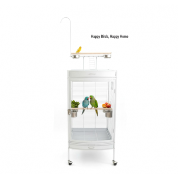 Large White Acrylic Front Bird Cage with Play Top & Rolling Stand (60 × 63.5 × 155 cm), Wrought Iron Aviary with Stainless Steel Feeders for Small to Medium Birds – BC12-1