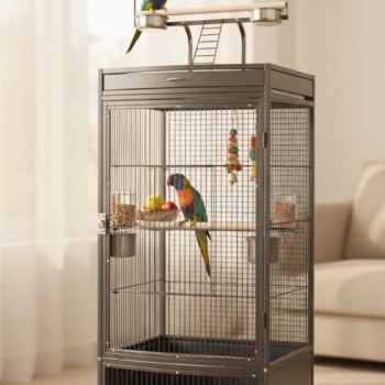 Large Black Wrought Iron Bird Cage with Play Top & Rolling Stand (60 × 64 × 178 cm), Metal Aviary with Pyramid Top, Ladder, Perches, Feeding Bowls & Easy-Clean Tray for Medium to Large Birds – BC12