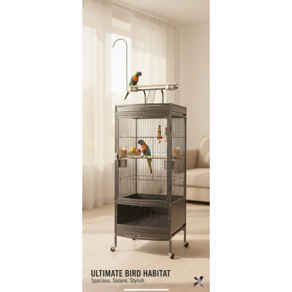 Large Black Wrought Iron Bird Cage with Play Top & Rolling Stand (60 × 64 × 178 cm), Metal Aviary with Pyramid Top, Ladder, Perches, Feeding Bowls & Easy-Clean Tray for Medium to Large Birds – BC12
