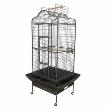 Large Open-Top Tropical Bird Cage with Rolling Stand – Black Wrought Iron Dome-Top Aviary, Playpen Top, Stainless Steel Feeders, Easy-Clean Tray – 61 × 57 × 172 cm, Model BC14R