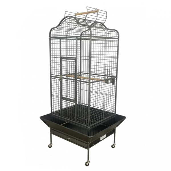 Large Open-Top Tropical Bird Cage with Rolling Stand – Black Wrought Iron Dome-Top Aviary, Playpen Top, Stainless Steel Feeders, Easy-Clean Tray – 61 × 57 × 172 cm, Model BC14R