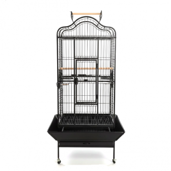 Large Open-Top Tropical Bird Cage with Rolling Stand – Black Wrought Iron Dome-Top Aviary, Playpen Top, Stainless Steel Feeders, Easy-Clean Tray – 61 × 57 × 172 cm, Model BC14R