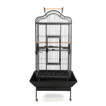Large Open-Top Tropical Bird Cage with Rolling Stand – Black Wrought Iron Dome-Top Aviary, Playpen Top, Stainless Steel Feeders, Easy-Clean Tray – 61 × 57 × 172 cm, Model BC14R