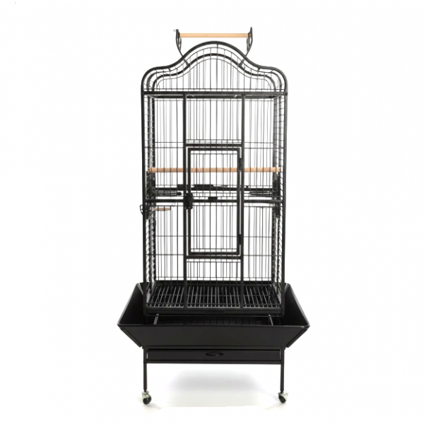 Large Open-Top Tropical Bird Cage with Rolling Stand – Black Wrought Iron Dome-Top Aviary, Playpen Top, Stainless Steel Feeders, Easy-Clean Tray – 61 × 57 × 172 cm, Model BC14R