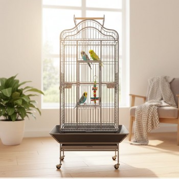 Large Open-Top Tropical Bird Cage with Rolling Stand – Black Wrought Iron Dome-Top Aviary, Playpen Top, Stainless Steel Feeders, Easy-Clean Tray – 61 × 57 × 172 cm, Model BC14R