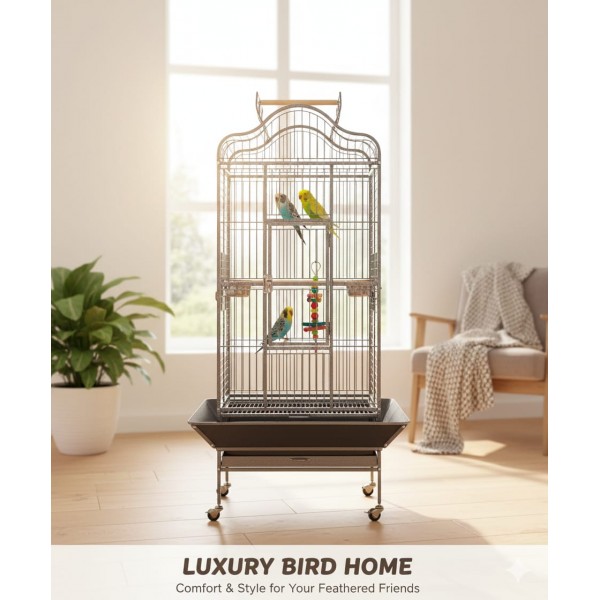 Large Open-Top Tropical Bird Cage with Rolling Stand – Black Wrought Iron Dome-Top Aviary, Playpen Top, Stainless Steel Feeders, Easy-Clean Tray – 61 × 57 × 172 cm, Model BC14R