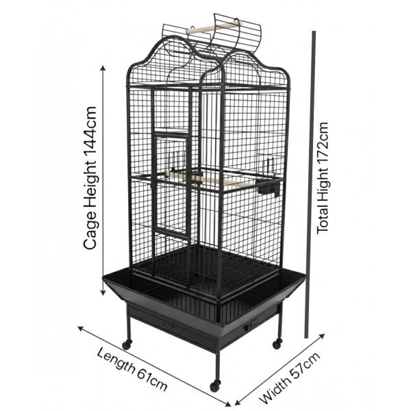 Large Open-Top Tropical Bird Cage with Rolling Stand – Black Wrought Iron Dome-Top Aviary, Playpen Top, Stainless Steel Feeders, Easy-Clean Tray – 61 × 57 × 172 cm, Model BC14R