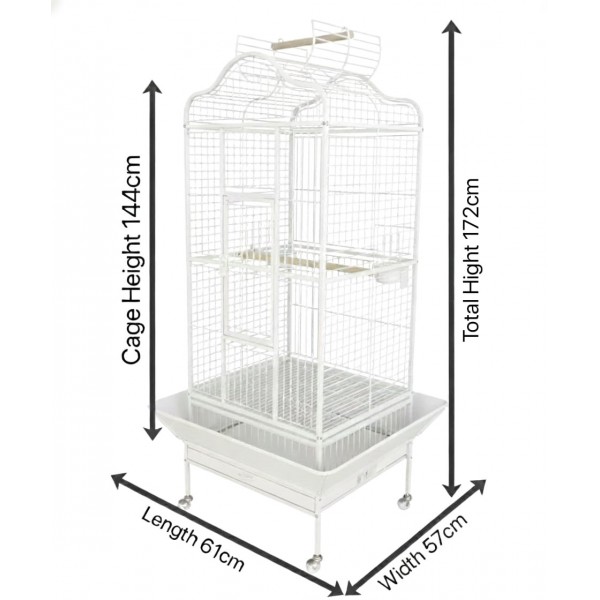 Large Open-Top Tropical Bird Cage with Rolling Stand – White Wrought Iron Dome-Top Aviary, Playpen Top, Stainless Steel Feeders & Easy-Clean Tray for Cockatiels, Parakeets, Canaries & Parrots – 61 × 57 × 172 cm , Model - BC14R