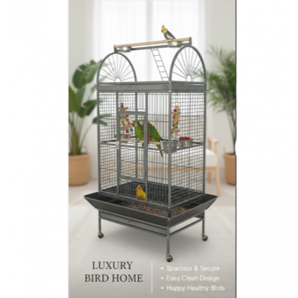 Luxury Large Bird Cage with Play Top – Black Metal Parrot Cage with Stand & Wheels, Easy Clean (Model BC19-2)