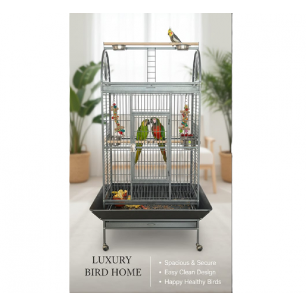 Luxury Large Bird Cage with Play Top – Black Metal Parrot Cage with Stand & Wheels, Easy Clean (Model BC19-2)