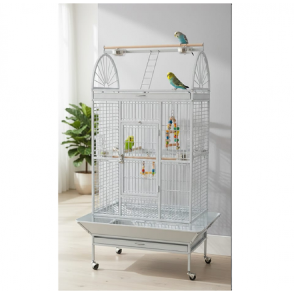 Luxury Large Bird Cage with Play Top, White Metal Parrot Cage with Stand & Wheels, Easy Clean – Model BC19-2
