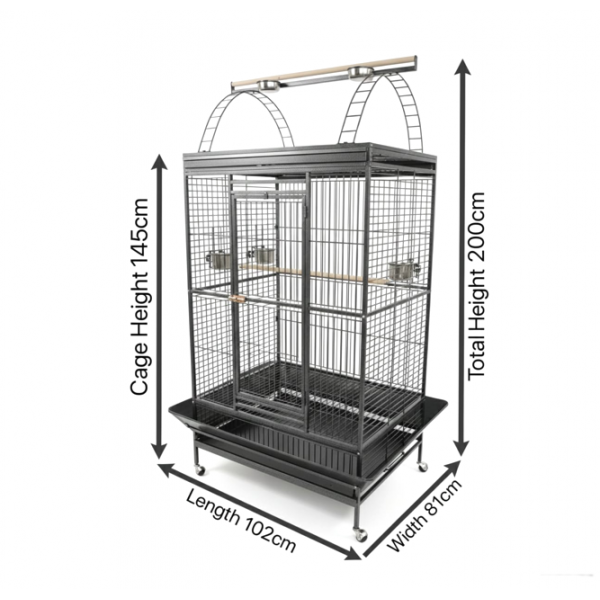 Large Black Playtop Bird Cage 102 x 81 x 200 cm – Spacious Parrot Cage for Medium to Large Birds with Rolling Casters, Slide-Out Trays, Perches, Ladders, Toy Hook, Bird-Proof Locks – Model BC23