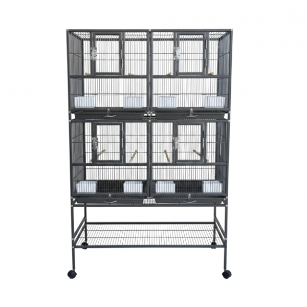 Stackable Double-Story Divided Breeder Bird Cage with Rolling Stand – Black – 96×46×148 cm – Removable Partitions, 4 Lockable Doors, for Small to Medium Birds – Model BC5012