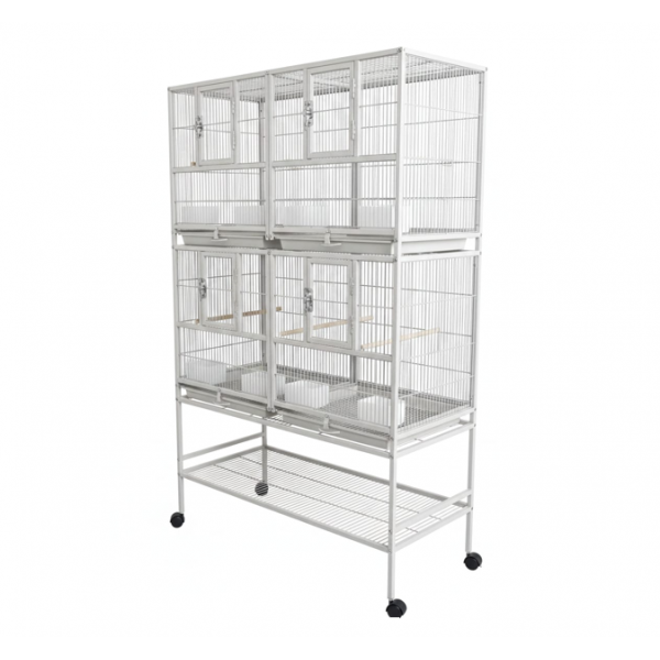 Stackable Double-Story Divided Breeder Bird Cage with Rolling Stand – White – 96×46×148 cm – Removable Partitions, 4 Lockable Doors, for Small to Medium Birds – Model BC5012