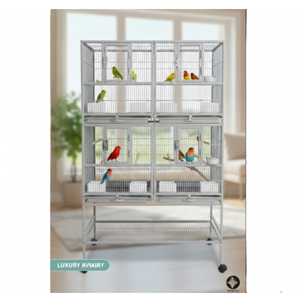 Stackable Double-Story Divided Breeder Bird Cage with Rolling Stand – White – 96×46×148 cm – Removable Partitions, 4 Lockable Doors, for Small to Medium Birds – Model BC5012