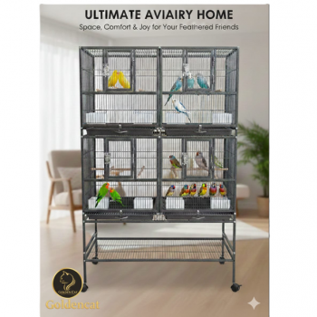 Stackable Double-Story Divided Breeder Bird Cage with Rolling Stand – Black – 96×46×148 cm – Removable Partitions, 4 Lockable Doors, for Small to Medium Birds – Model BC5012