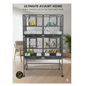 Stackable Double-Story Divided Breeder Bird Cage with Rolling Stand – Black – 96×46×148 cm – Removable Partitions, 4 Lockable Doors, for Small to Medium Birds – Model BC5012