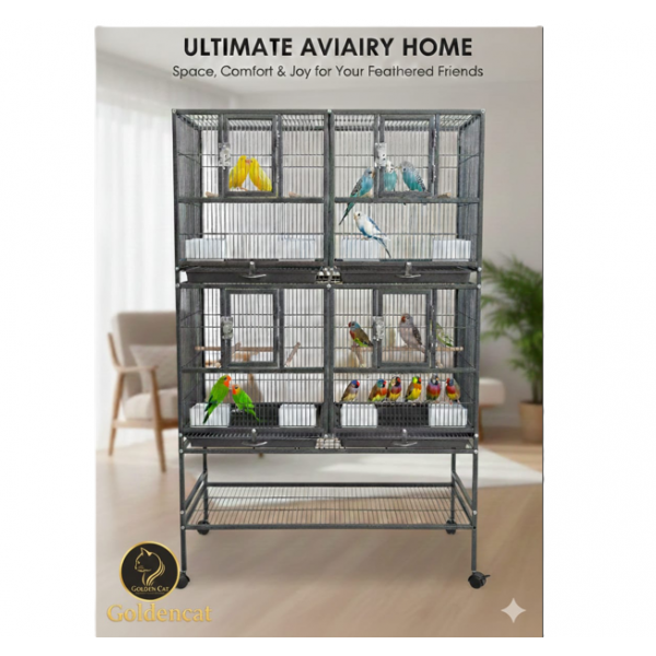 Stackable Double-Story Divided Breeder Bird Cage with Rolling Stand – Black – 96×46×148 cm – Removable Partitions, 4 Lockable Doors, for Small to Medium Birds – Model BC5012