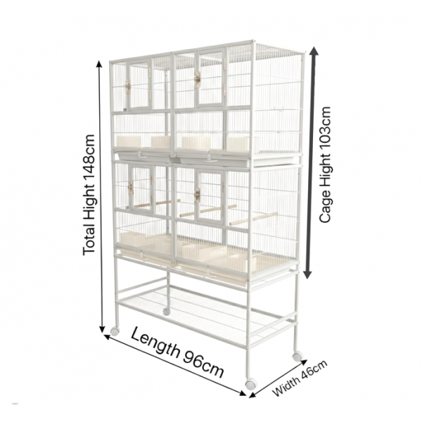 Stackable Double-Story Divided Breeder Bird Cage with Rolling Stand – White – 96×46×148 cm – Removable Partitions, 4 Lockable Doors, for Small to Medium Birds – Model BC5012