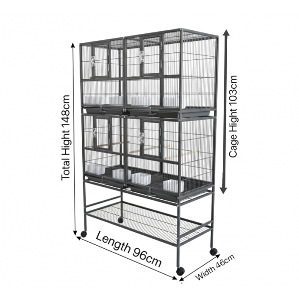 Stackable Double-Story Divided Breeder Bird Cage with Rolling Stand – Black – 96×46×148 cm – Removable Partitions, 4 Lockable Doors, for Small to Medium Birds – Model BC5012