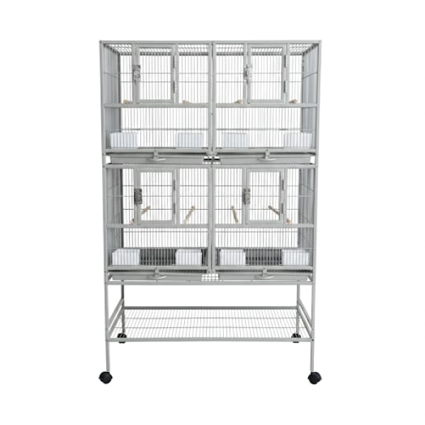 Stackable Double-Story Divided Breeder Bird Cage with Rolling Stand – White – 96×46×148 cm – Removable Partitions, 4 Lockable Doors, for Small to Medium Birds – Model BC5012