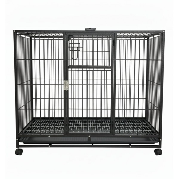 Heavy-Duty Black Metal Dog Crate with Wheels, 110×72×93 cm, Double-Door Kennel with Removable Tray, Rust-Resistant Steel – Medium to Large Dogs, Indoor & Outdoor Use – Model D8