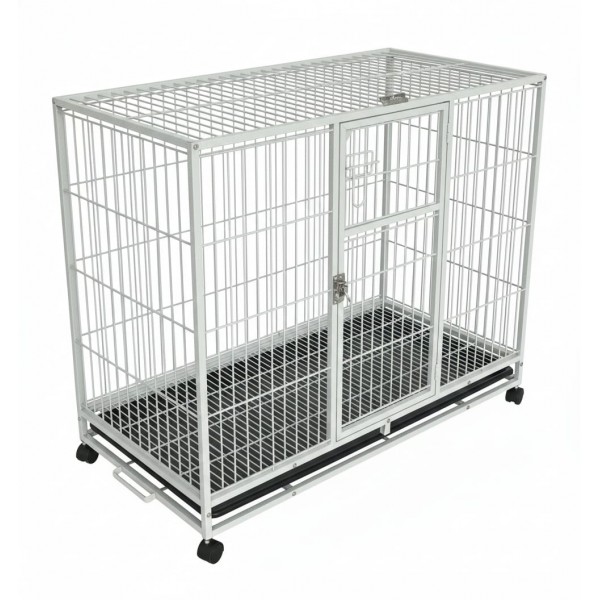 Heavy-Duty White Metal Dog Crate with Wheels, 110×72×93 cm, Double-Door Kennel with Removable Tray, Rust-Resistant Steel – Medium to Large Dogs, Indoor & Outdoor Use – Model D8