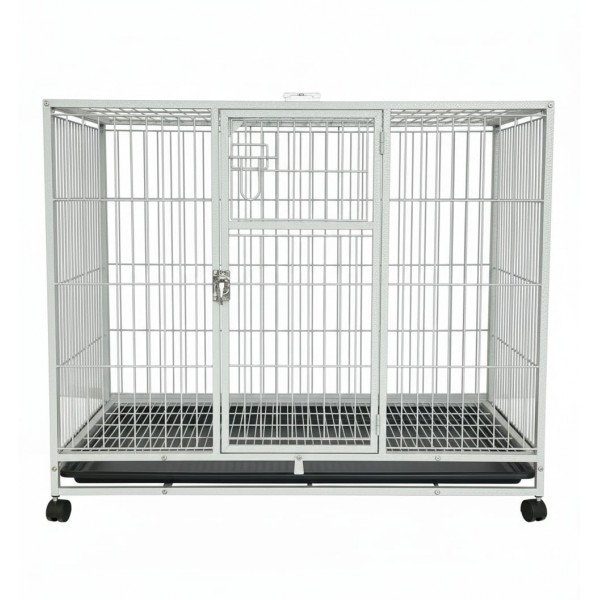 Heavy-Duty White Metal Dog Crate with Wheels, 110×72×93 cm, Double-Door Kennel with Removable Tray, Rust-Resistant Steel – Medium to Large Dogs, Indoor & Outdoor Use – Model D8