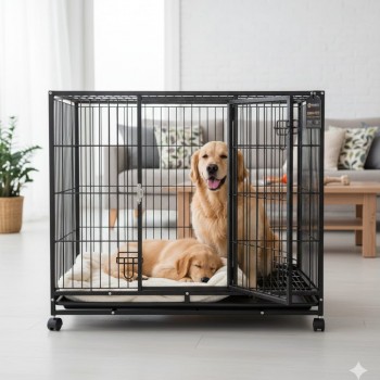Heavy-Duty Black Metal Dog Crate with Wheels, 110×72×93 cm, Double-Door Kennel with Removable Tray, Rust-Resistant Steel – Medium to Large Dogs, Indoor & Outdoor Use – Model D8