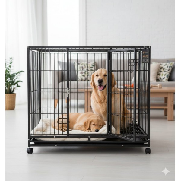 Heavy-Duty Black Metal Dog Crate with Wheels, 110×72×93 cm, Double-Door Kennel with Removable Tray, Rust-Resistant Steel – Medium to Large Dogs, Indoor & Outdoor Use – Model D8
