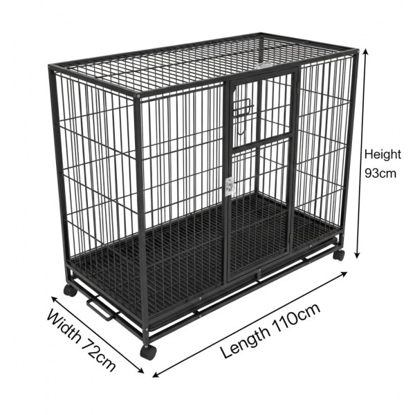 Heavy-Duty Black Metal Dog Crate with Wheels, 110×72×93 cm, Double-Door Kennel with Removable Tray, Rust-Resistant Steel – Medium to Large Dogs, Indoor & Outdoor Use – Model D8