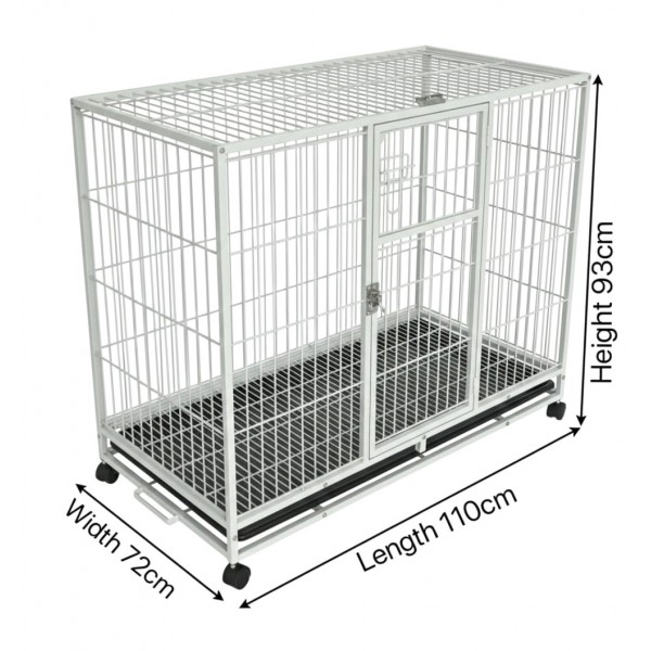 Heavy-Duty White Metal Dog Crate with Wheels, 110×72×93 cm, Double-Door Kennel with Removable Tray, Rust-Resistant Steel – Medium to Large Dogs, Indoor & Outdoor Use – Model D8