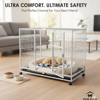 Heavy-Duty White Metal Dog Crate with Wheels, 110×72×93 cm, Double-Door Kennel with Removable Tray, Rust-Resistant Steel – Medium to Large Dogs, Indoor & Outdoor Use – Model D8