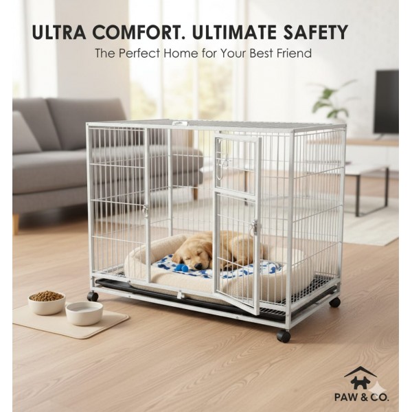 Heavy-Duty White Metal Dog Crate with Wheels, 110×72×93 cm, Double-Door Kennel with Removable Tray, Rust-Resistant Steel – Medium to Large Dogs, Indoor & Outdoor Use – Model D8