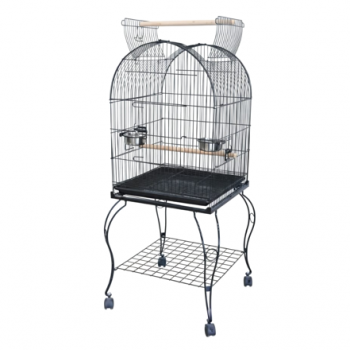 Medium Black Open-Top Bird Cage with Rolling Stand (50 × 50 × 138 cm), Wrought Iron Dome-Top Aviary with Playpen, Stainless Steel Feeders & Easy-Clean Tray for Lovebirds, Canaries & Parrots – Model H01