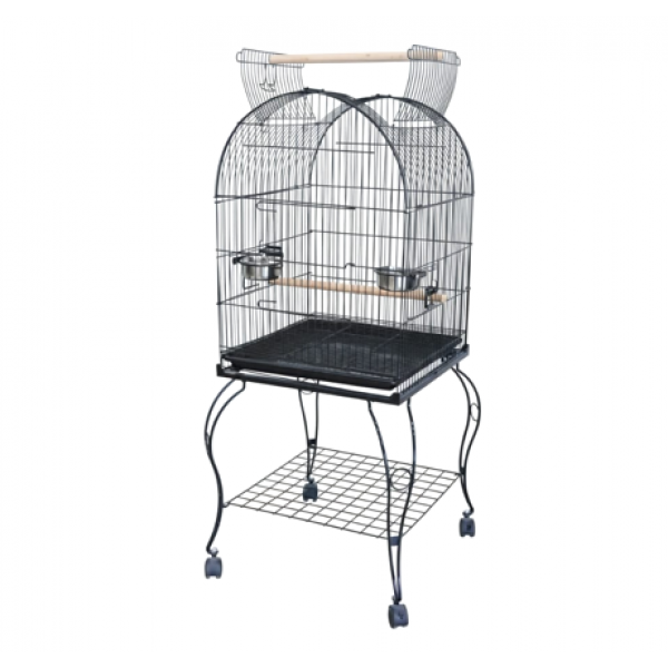 Medium Black Open-Top Bird Cage with Rolling Stand (50 × 50 × 138 cm), Wrought Iron Dome-Top Aviary with Playpen, Stainless Steel Feeders & Easy-Clean Tray for Lovebirds, Canaries & Parrots – Model H01