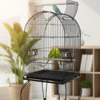 Medium Black Open-Top Bird Cage with Rolling Stand (50 × 50 × 138 cm), Wrought Iron Dome-Top Aviary with Playpen, Stainless Steel Feeders & Easy-Clean Tray for Lovebirds, Canaries & Parrots – Model H01