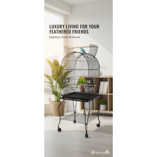 Medium Black Open-Top Bird Cage with Rolling Stand (50 × 50 × 138 cm), Wrought Iron Dome-Top Aviary with Playpen, Stainless Steel Feeders & Easy-Clean Tray for Lovebirds, Canaries & Parrots – Model H01